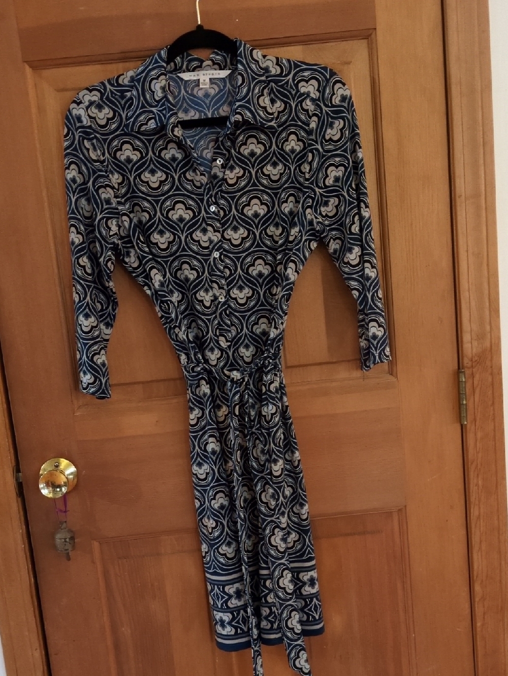 Max Studio Teal Taupe Blk Retro Floral Button-Front 3/4 Sleeve Tie Waist Dress M